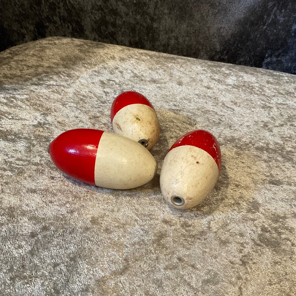 Vintage Set of 3 Red and White Cork Fishing Bobbers